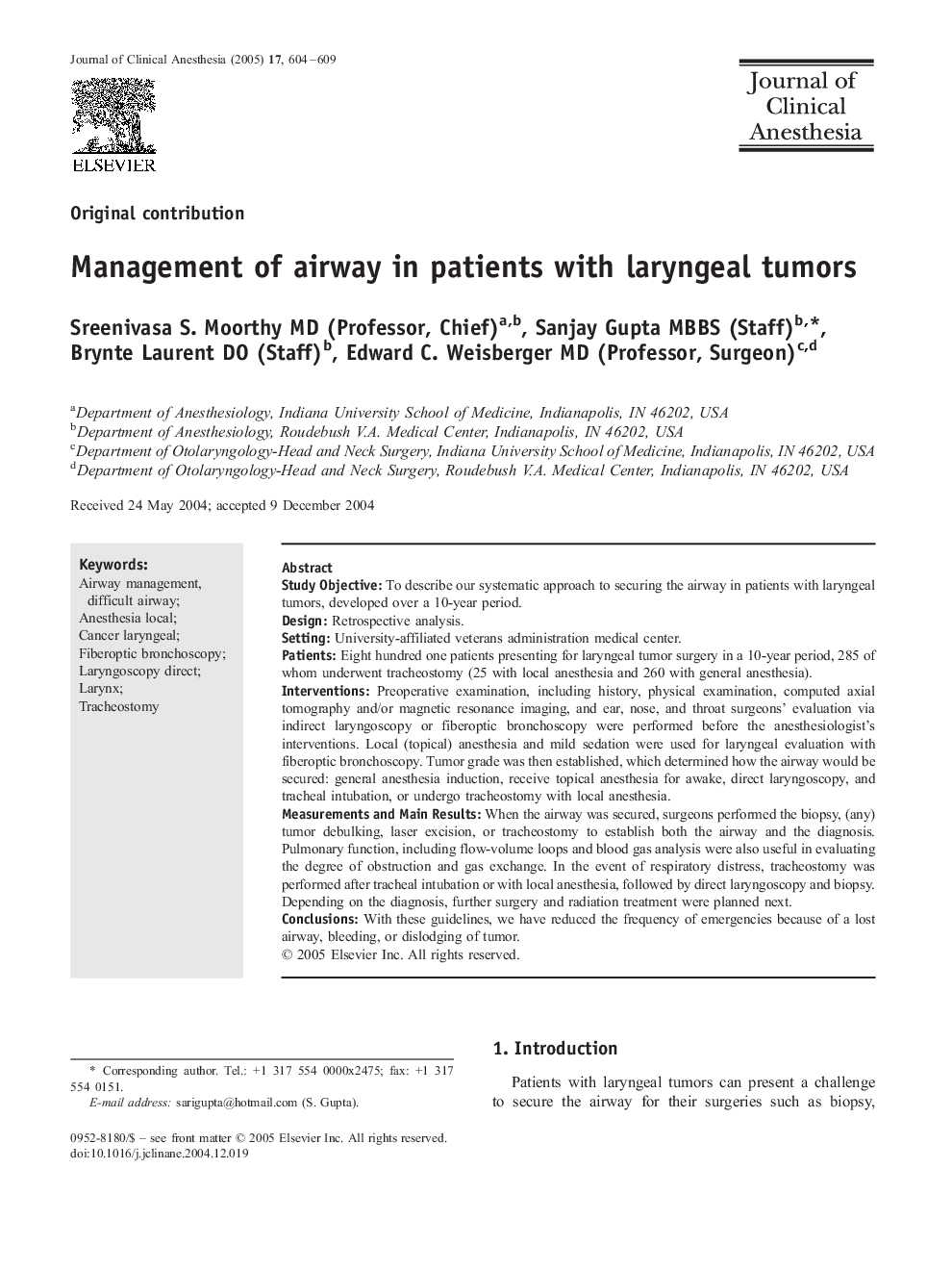 Management of airway in patients with laryngeal tumors