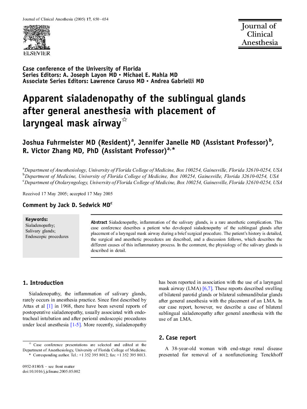 Apparent sialadenopathy of the sublingual glands after general anesthesia with placement of laryngeal mask airway