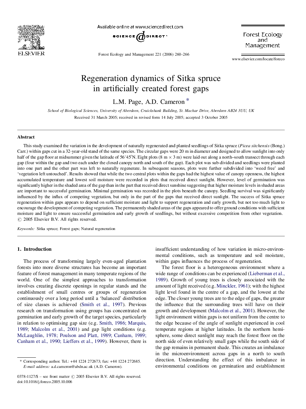 Regeneration dynamics of Sitka spruce in artificially created forest gaps