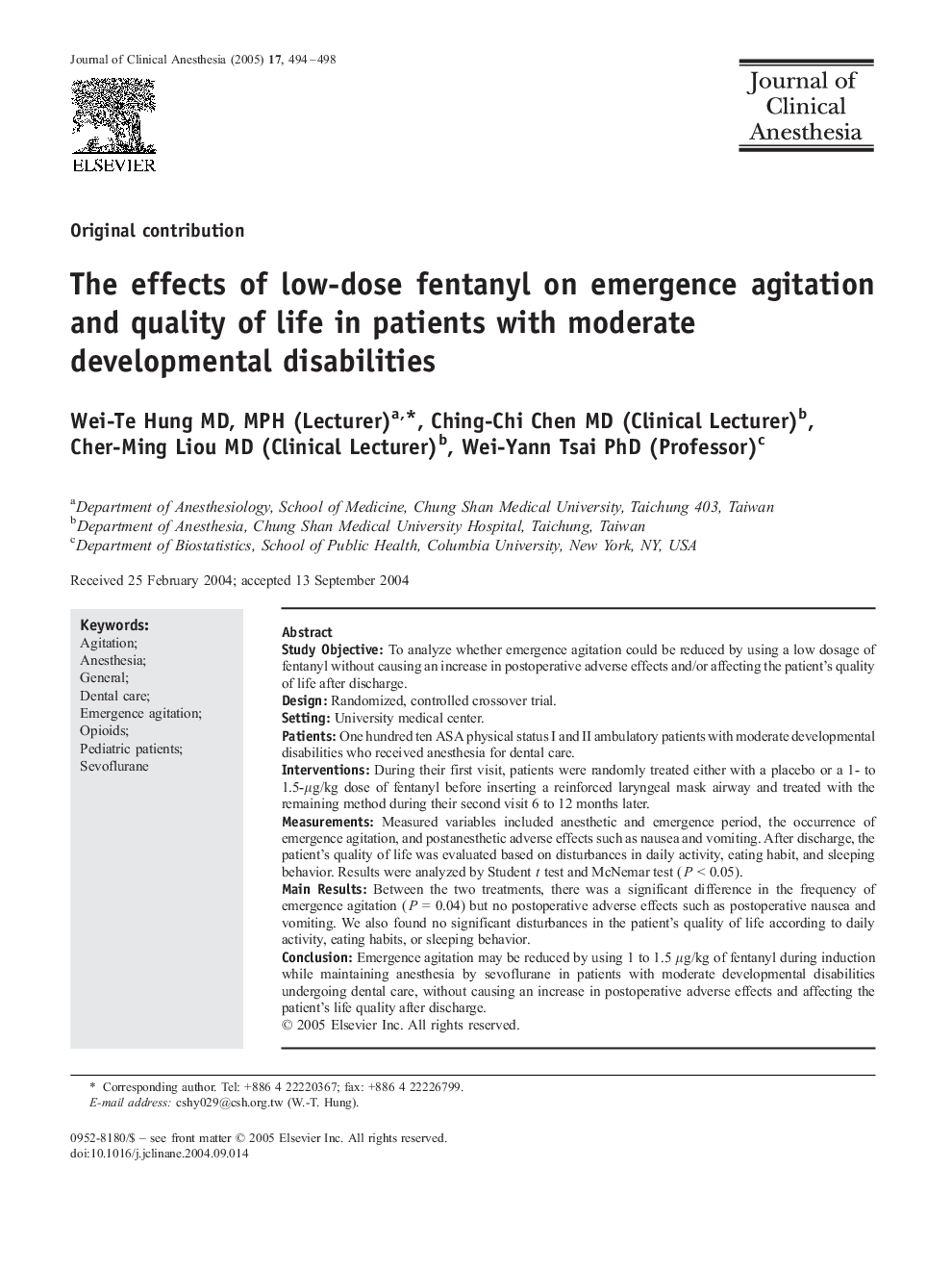 The effects of low-dose fentanyl on emergence agitation and quality of life in patients with moderate developmental disabilities