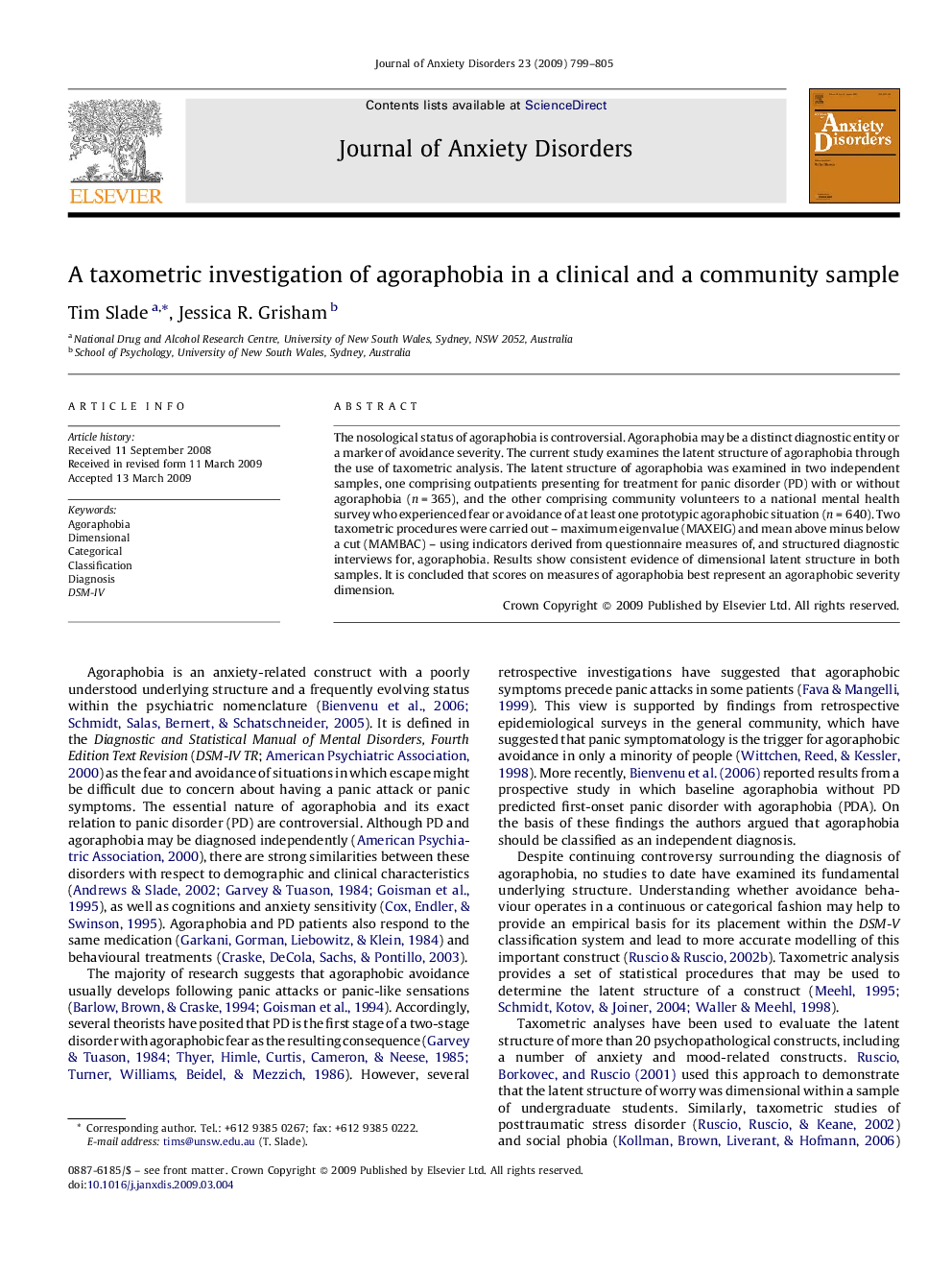 A taxometric investigation of agoraphobia in a clinical and a community sample