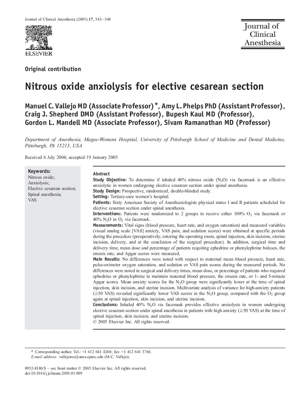 Nitrous oxide anxiolysis for elective cesarean section