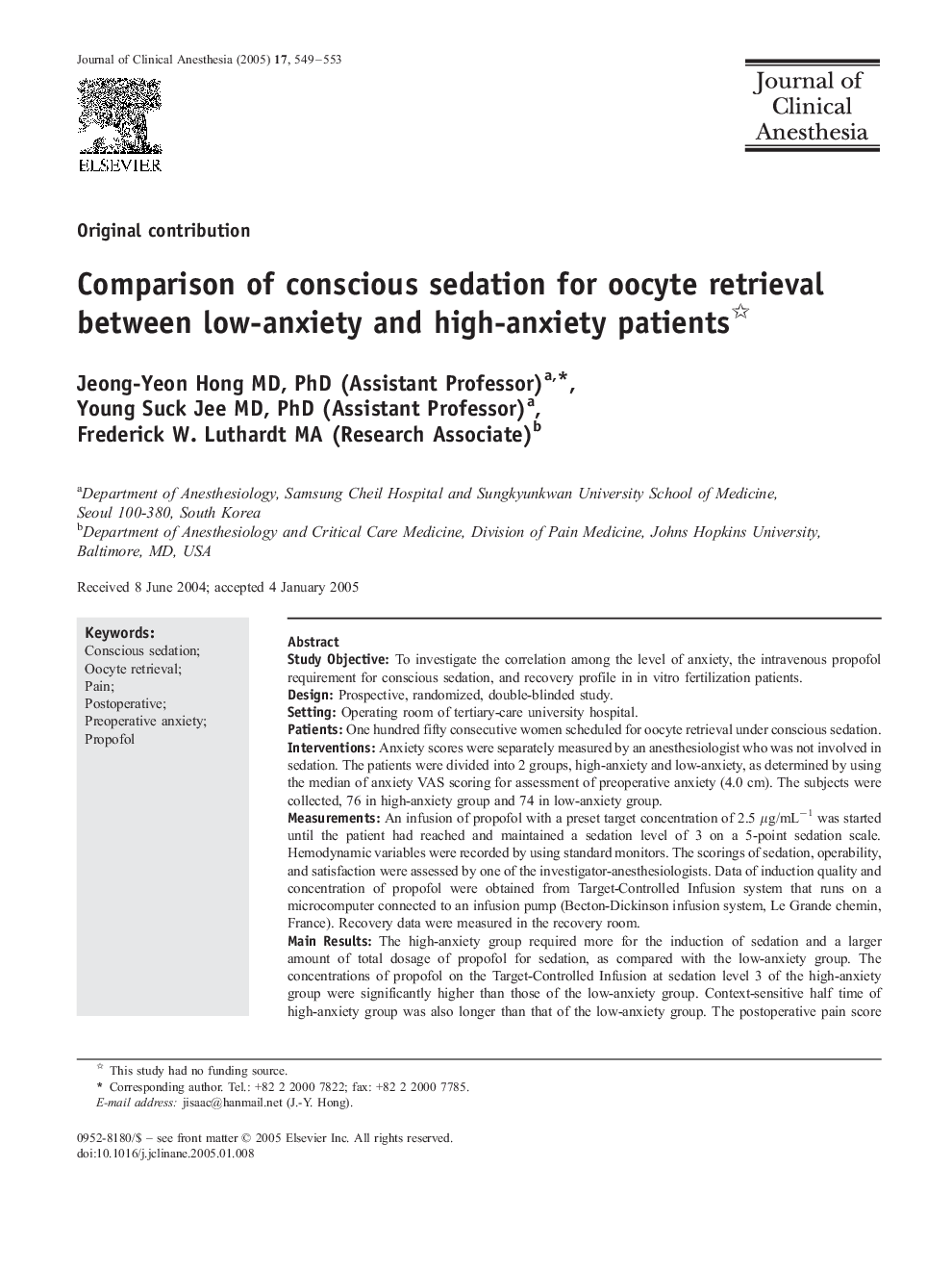 Comparison of conscious sedation for oocyte retrieval between low-anxiety and high-anxiety patients
