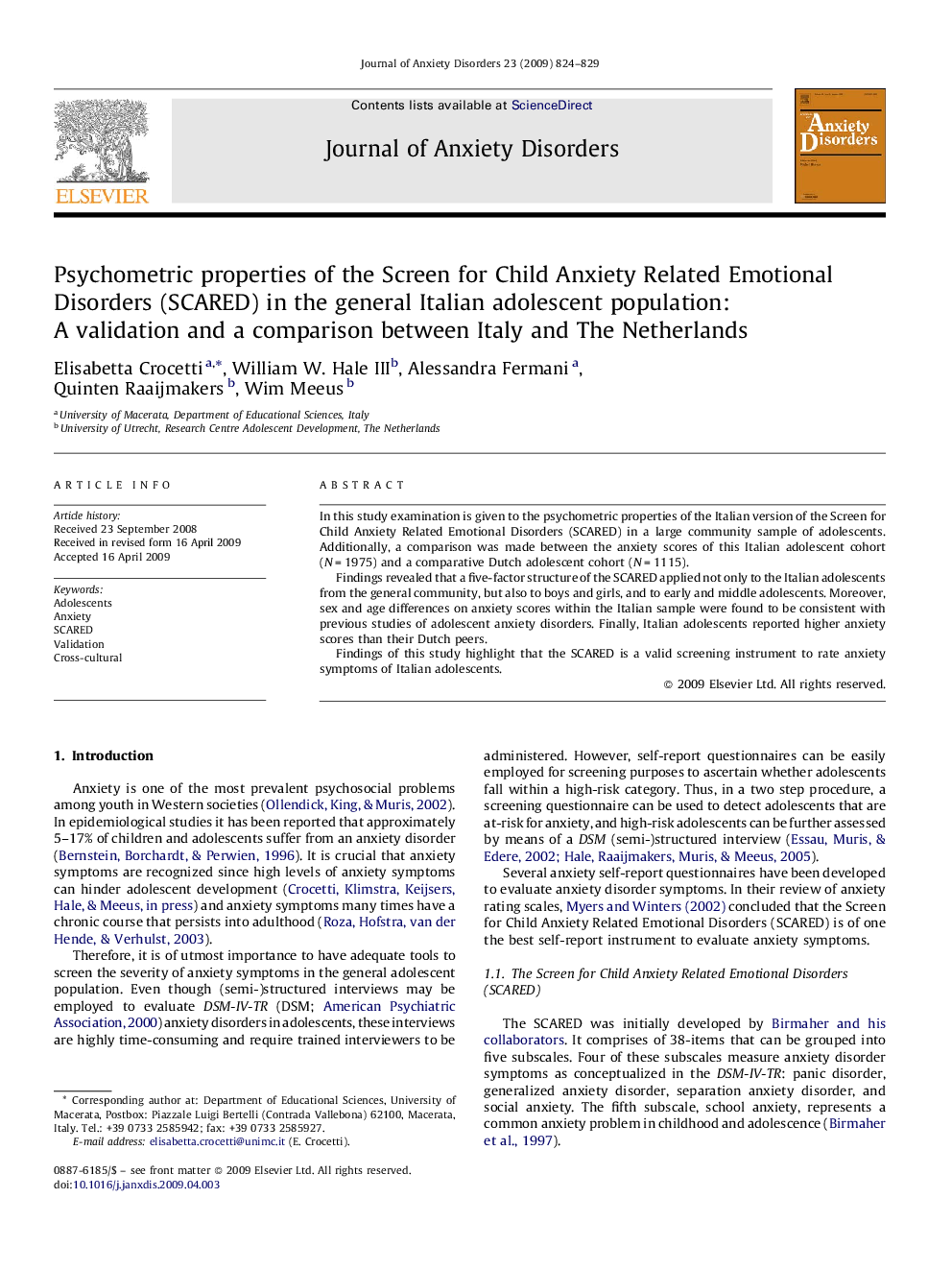 Psychometric properties of the Screen for Child Anxiety Related Emotional Disorders (SCARED) in the general Italian adolescent population: A validation and a comparison between Italy and The Netherlands