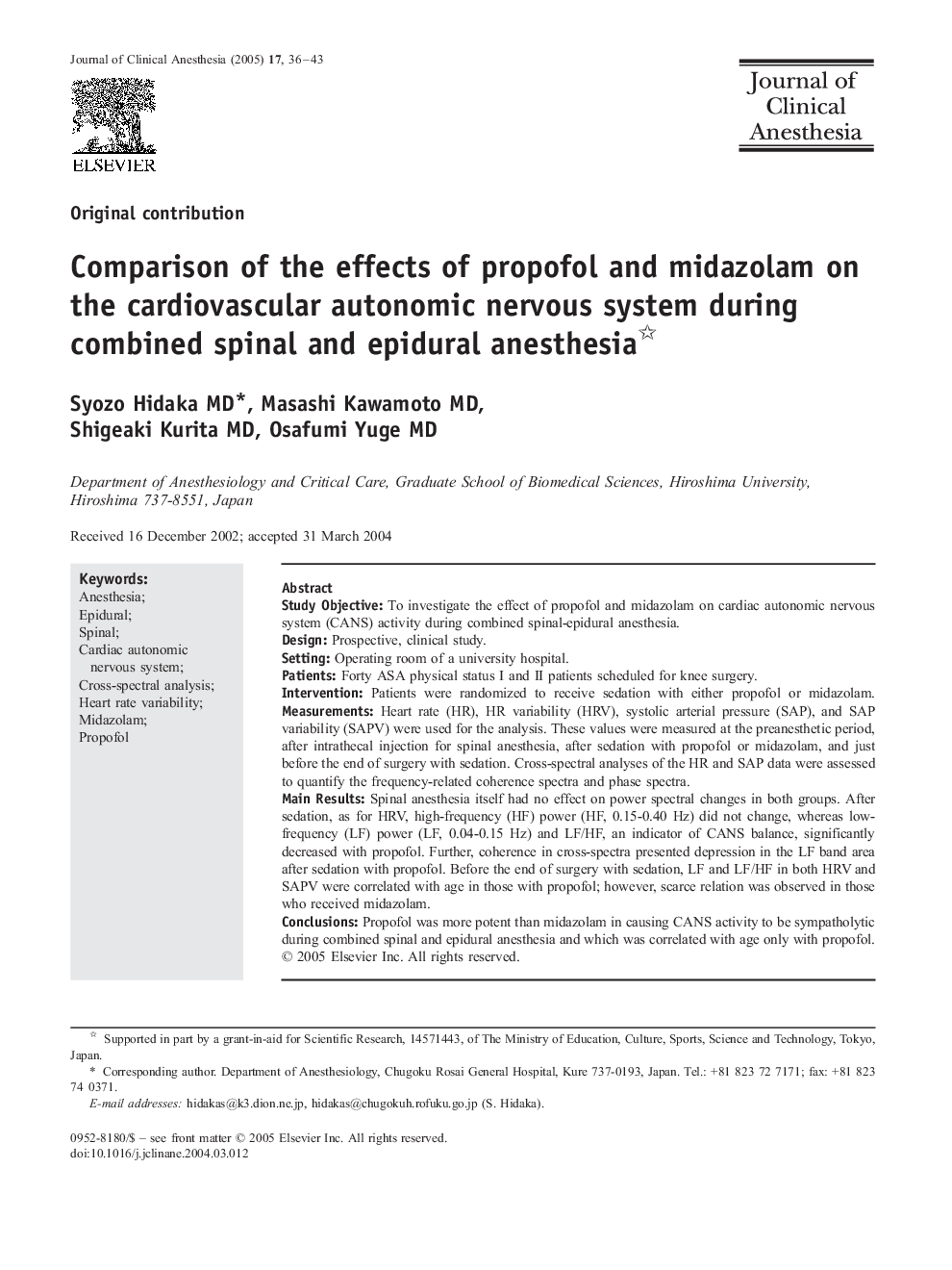 Comparison of the effects of propofol and midazolam on the cardiovascular autonomic nervous system during combined spinal and epidural anesthesia