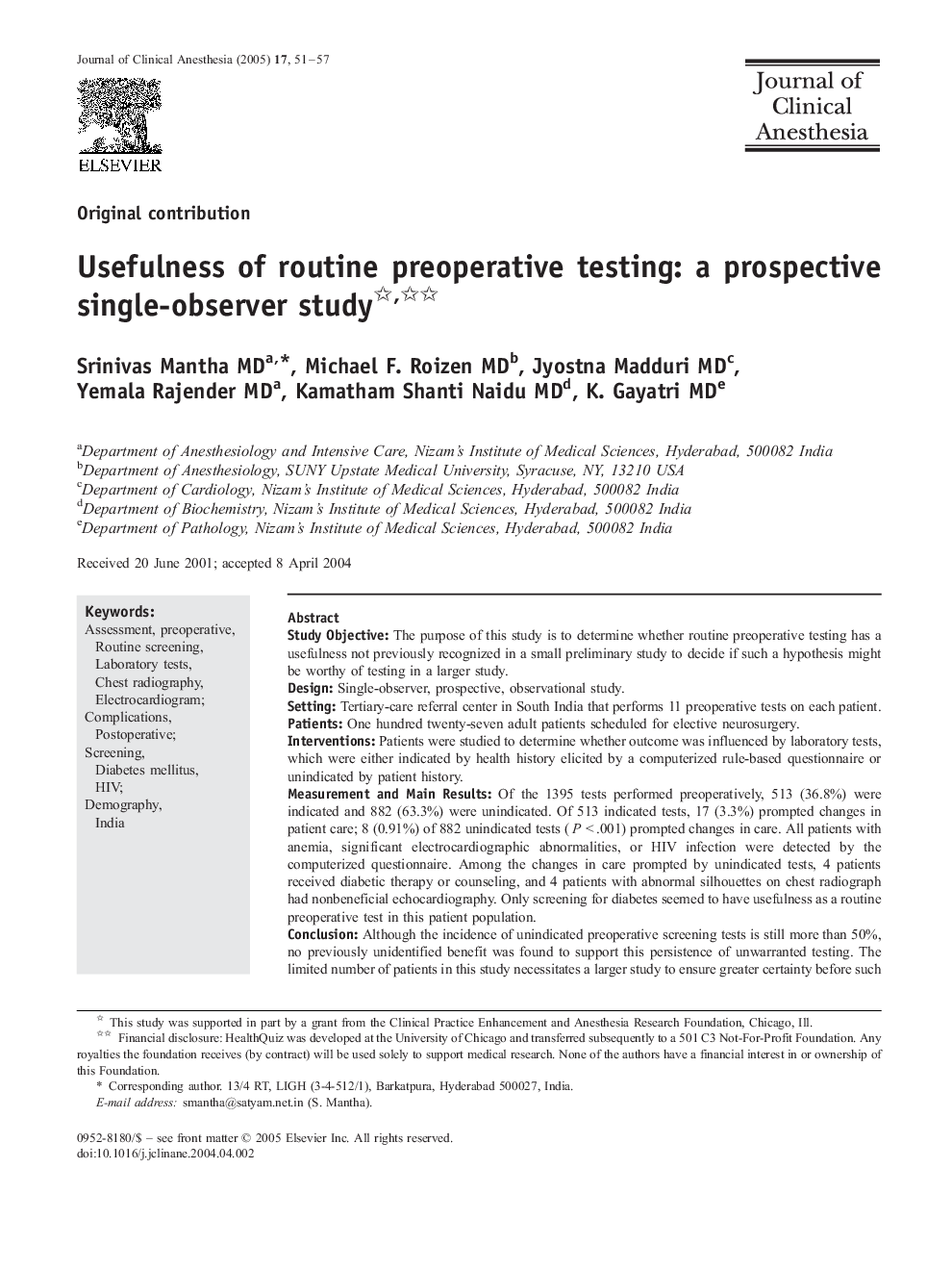 Usefulness of routine preoperative testing: a prospective single-observer study