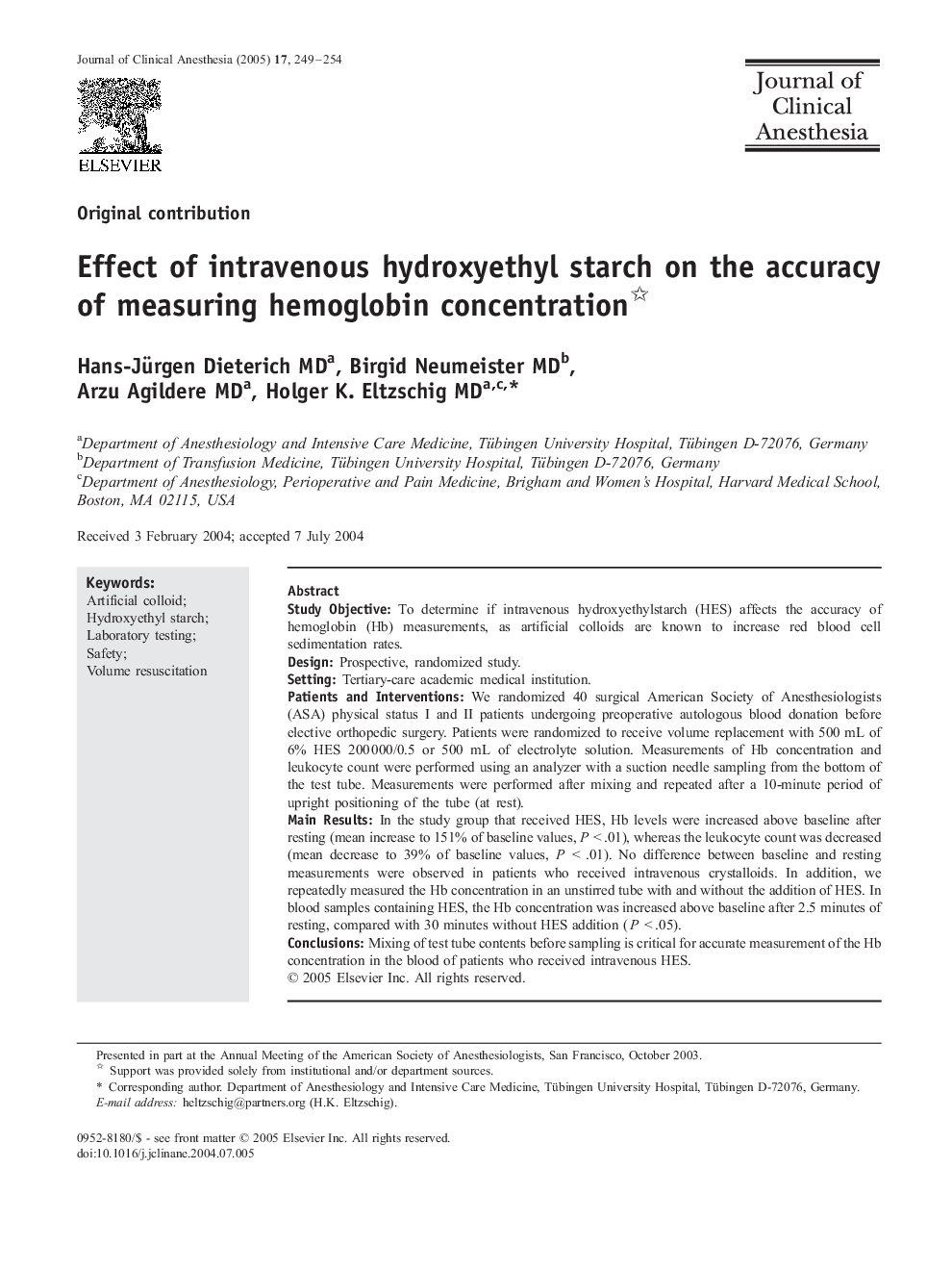 Effect of intravenous hydroxyethyl starch on the accuracy of measuring hemoglobin concentration