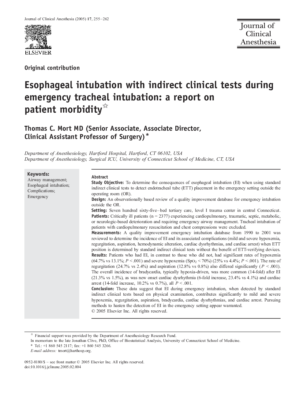 Esophageal intubation with indirect clinical tests during emergency tracheal intubation: a report on patient morbidity