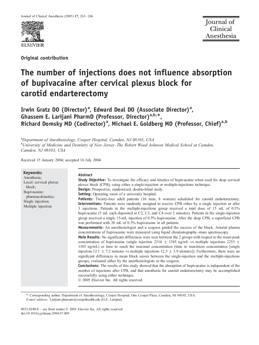 The number of injections does not influence absorption of bupivacaine after cervical plexus block for carotid endarterectomy