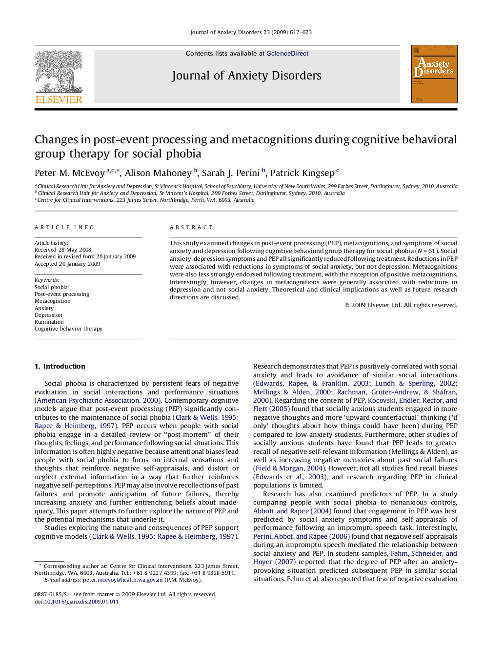 Changes in post-event processing and metacognitions during cognitive behavioral group therapy for social phobia