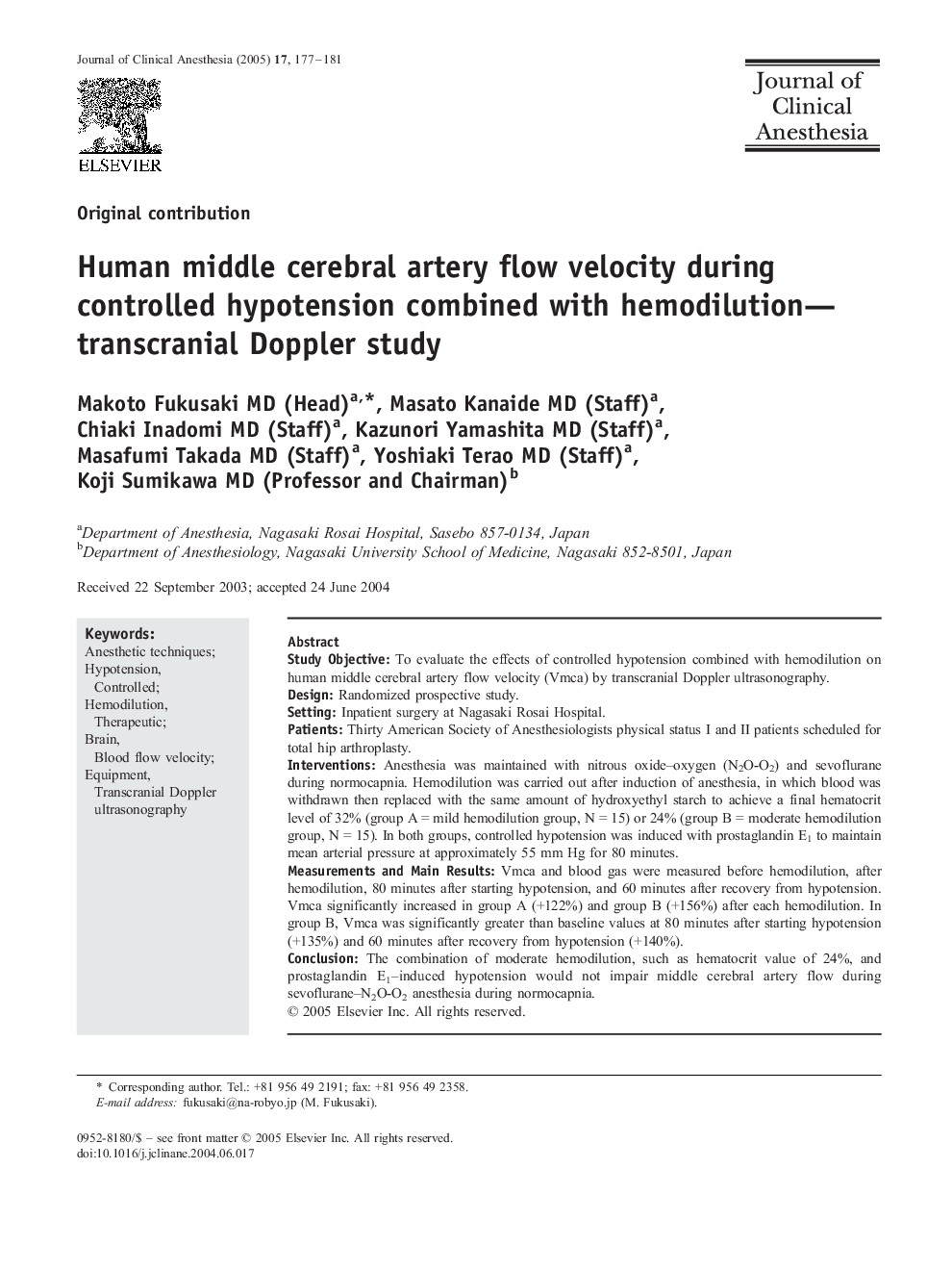 Human middle cerebral artery flow velocity during controlled hypotension combined with hemodilution-transcranial Doppler study