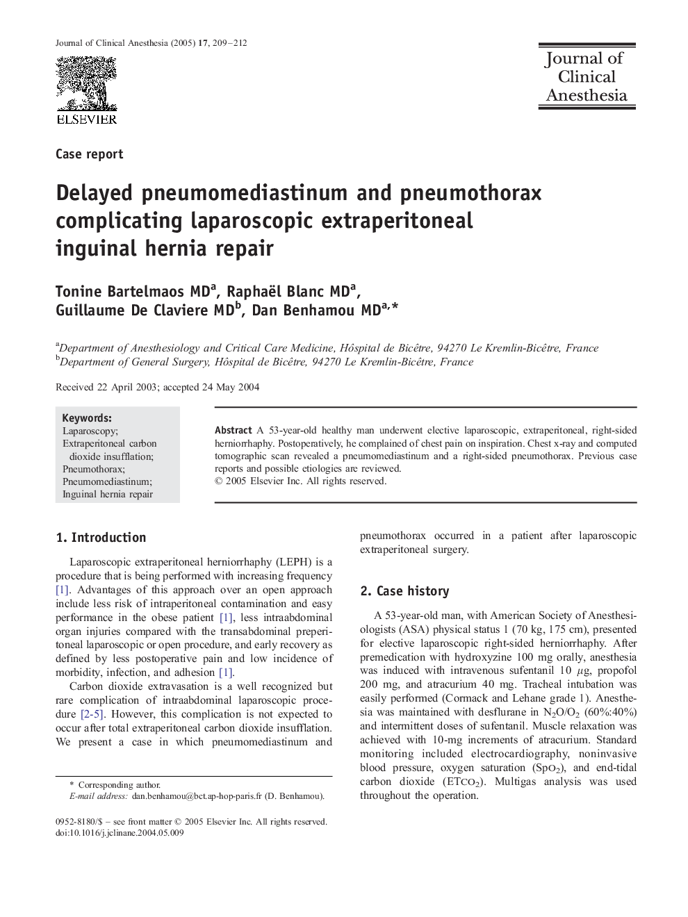 Delayed pneumomediastinum and pneumothorax complicating laparoscopic extraperitoneal inguinal hernia repair