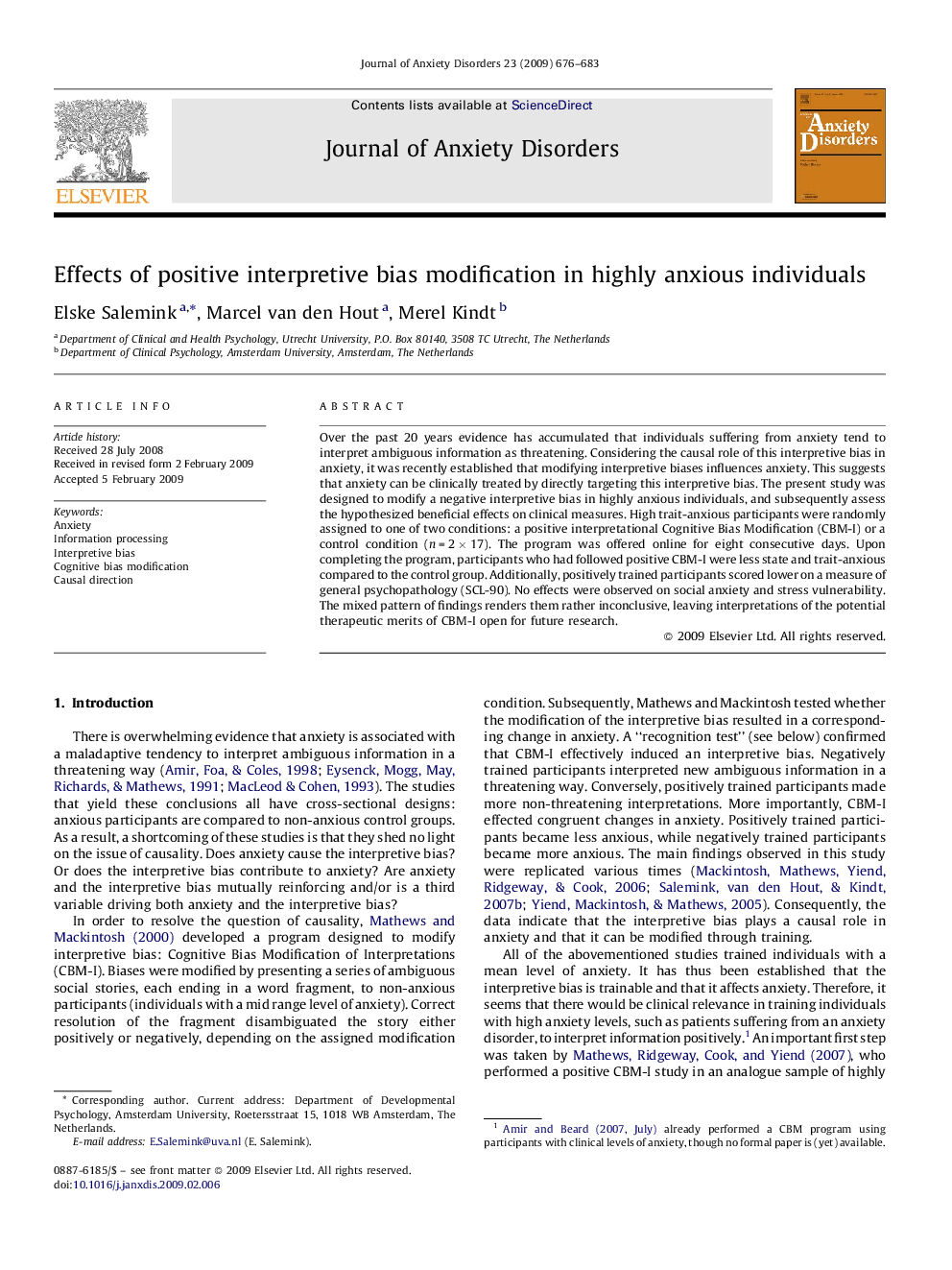 Effects of positive interpretive bias modification in highly anxious individuals