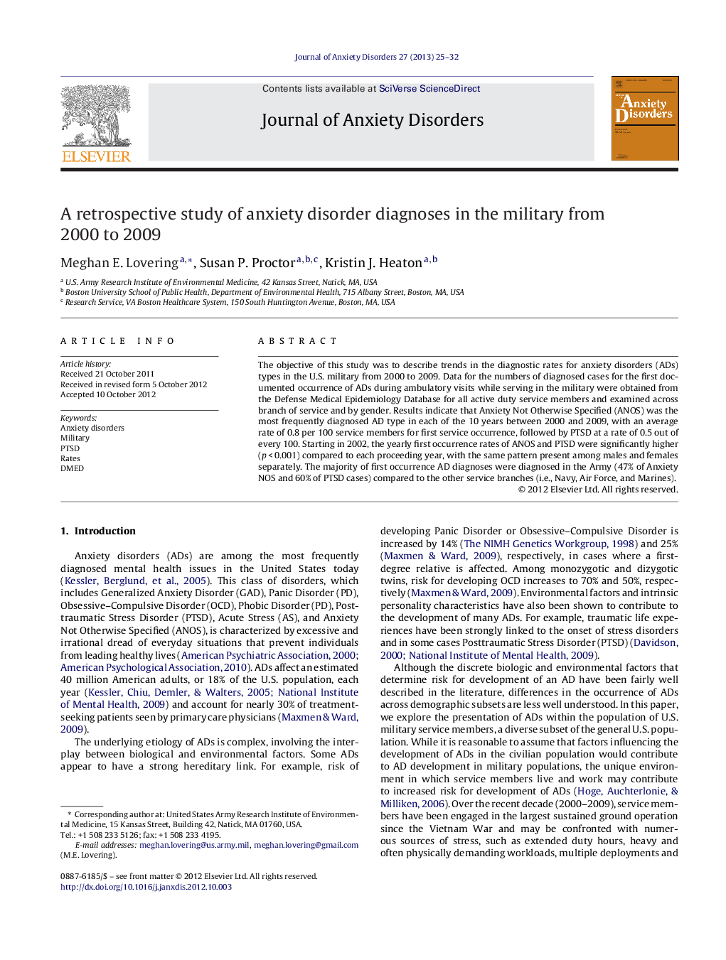 A retrospective study of anxiety disorder diagnoses in the military from 2000 to 2009