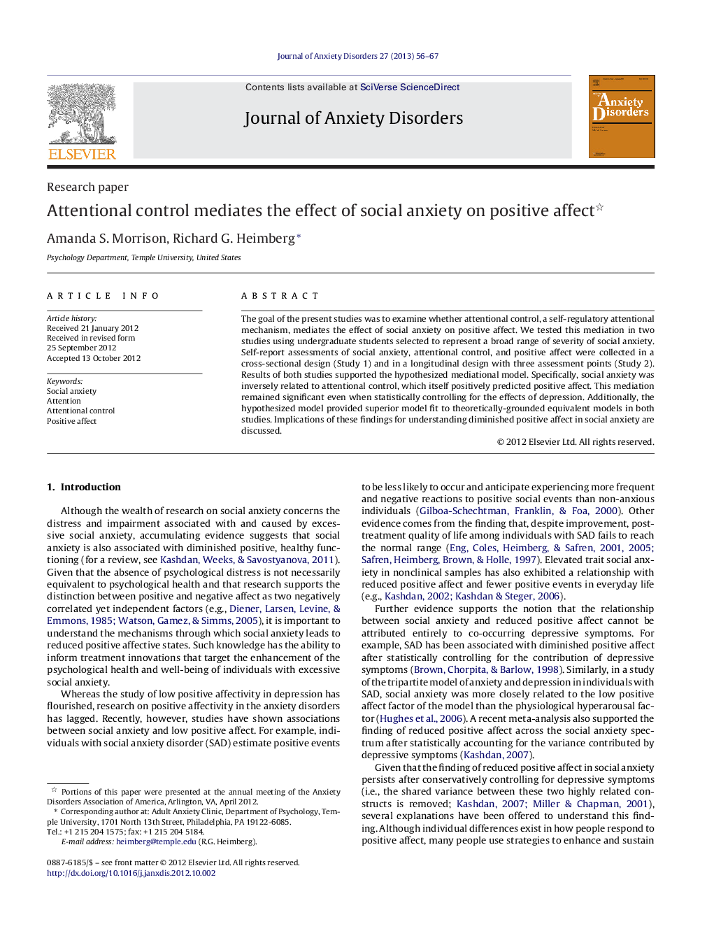 Attentional control mediates the effect of social anxiety on positive affect 