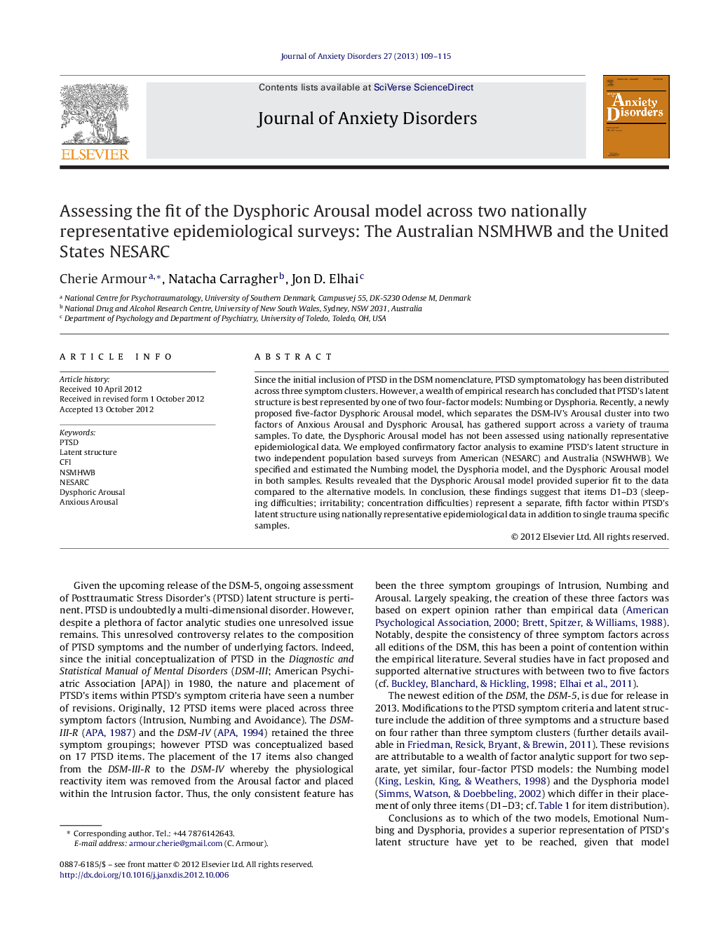 Assessing the fit of the Dysphoric Arousal model across two nationally representative epidemiological surveys: The Australian NSMHWB and the United States NESARC