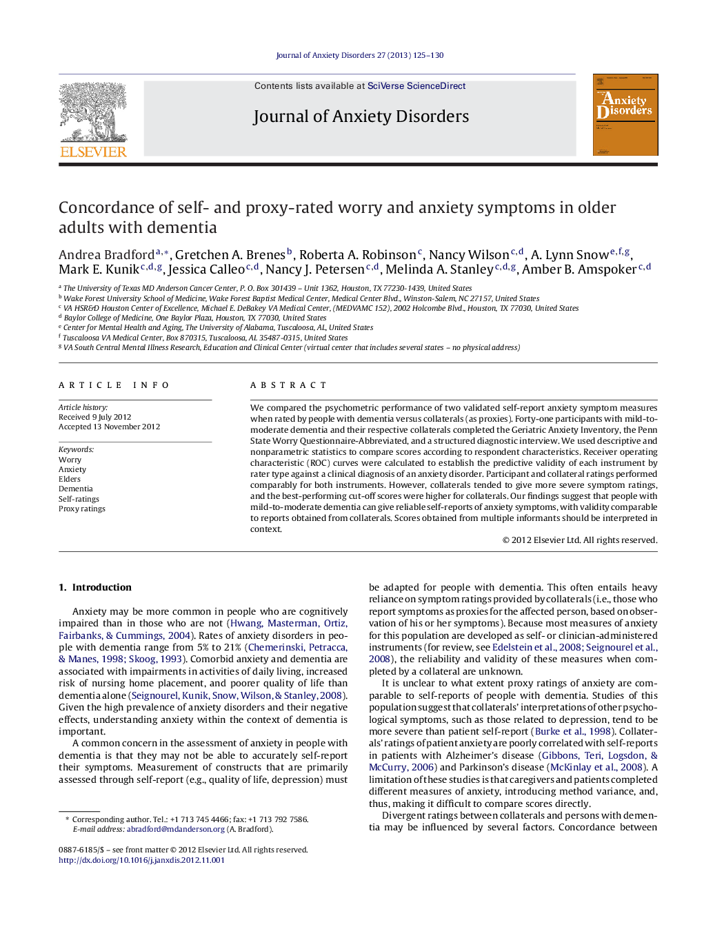 Concordance of self- and proxy-rated worry and anxiety symptoms in older adults with dementia