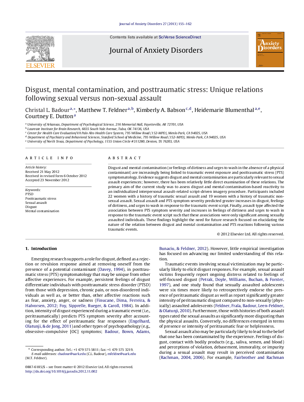 Disgust, mental contamination, and posttraumatic stress: Unique relations following sexual versus non-sexual assault