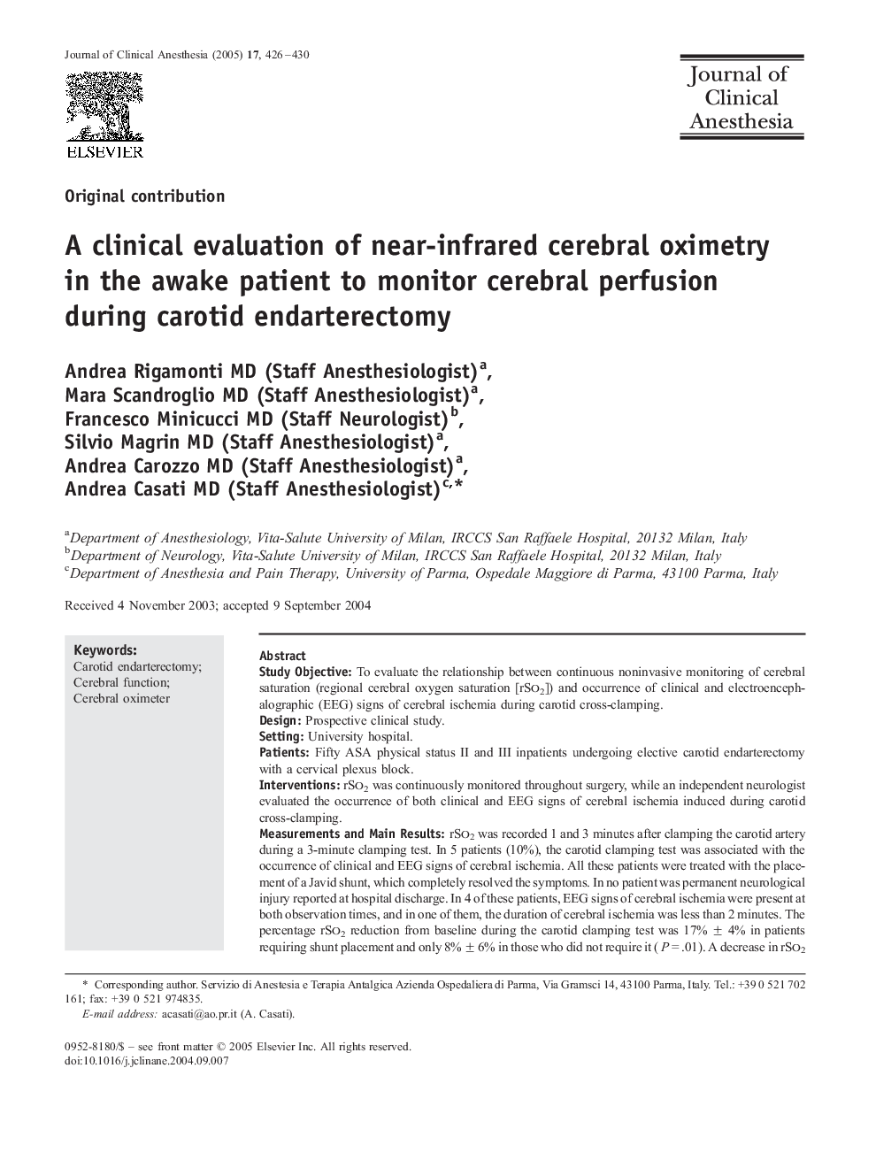 A clinical evaluation of near-infrared cerebral oximetry in the awake patient to monitor cerebral perfusion during carotid endarterectomy