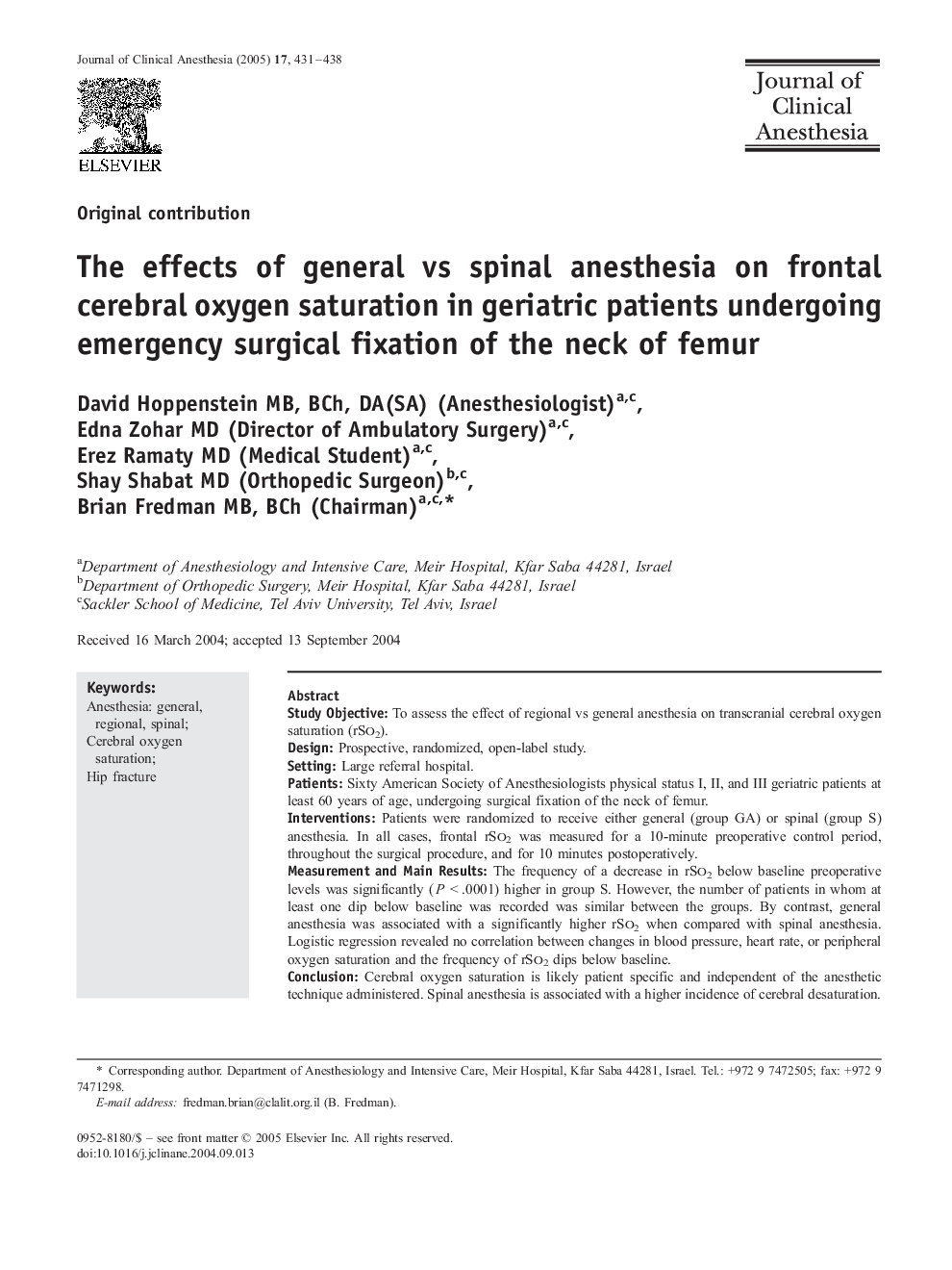 The effects of general vs spinal anesthesia on frontal cerebral oxygen saturation in geriatric patients undergoing emergency surgical fixation of the neck of femur