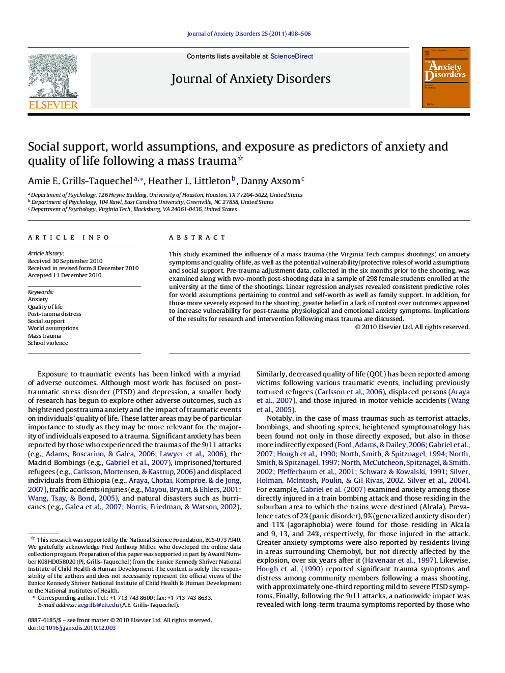 Social support, world assumptions, and exposure as predictors of anxiety and quality of life following a mass trauma 