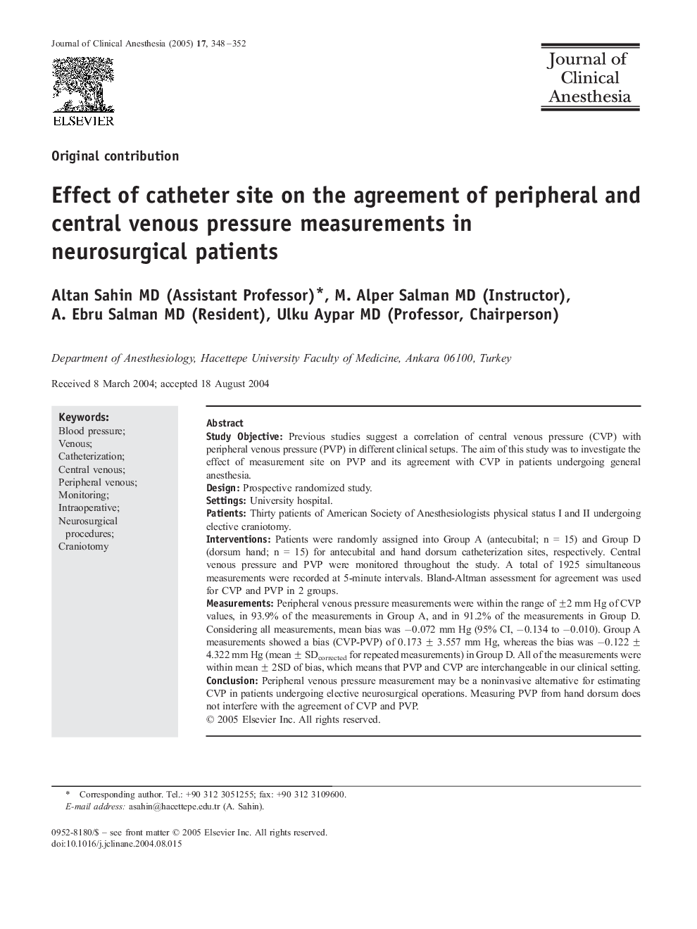 Effect of catheter site on the agreement of peripheral and central venous pressure measurements in neurosurgical patients