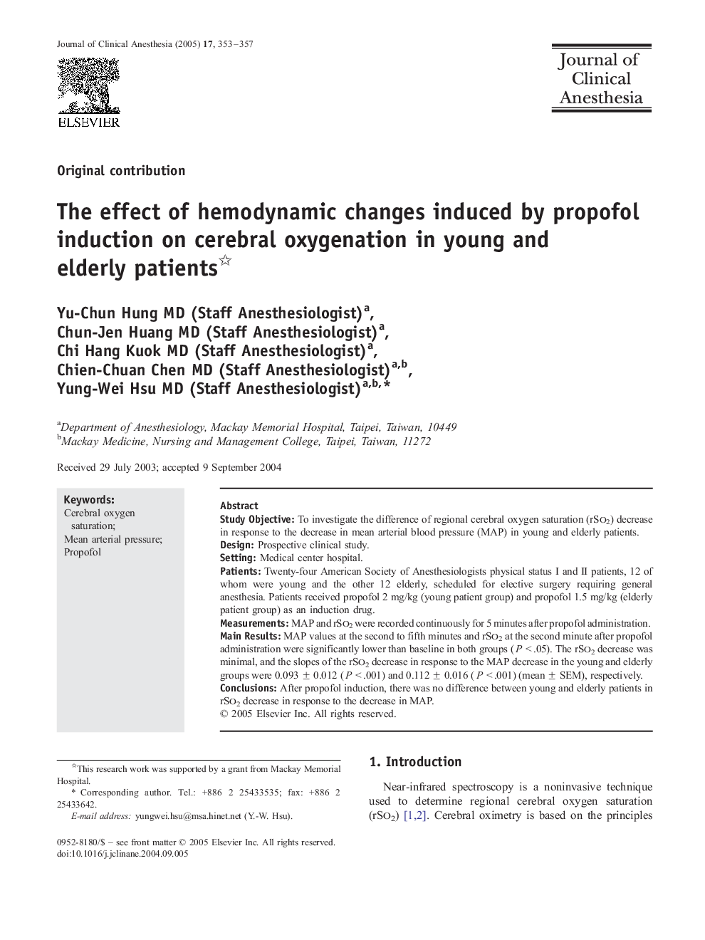 The effect of hemodynamic changes induced by propofol induction on cerebral oxygenation in young and elderly patients