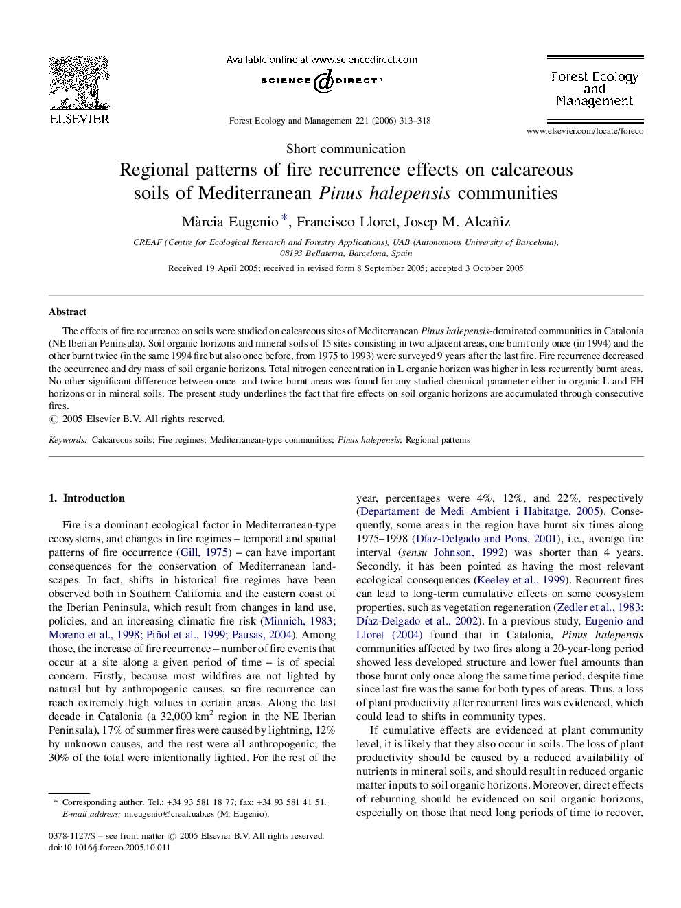 Regional patterns of fire recurrence effects on calcareous soils of Mediterranean Pinus halepensis communities