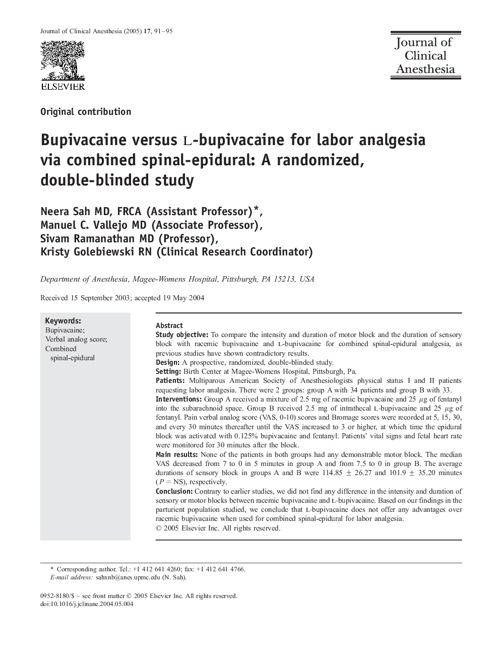Bupivacaine versus l-bupivacaine for labor analgesia via combined spinal-epidural: A randomized, double-blinded study