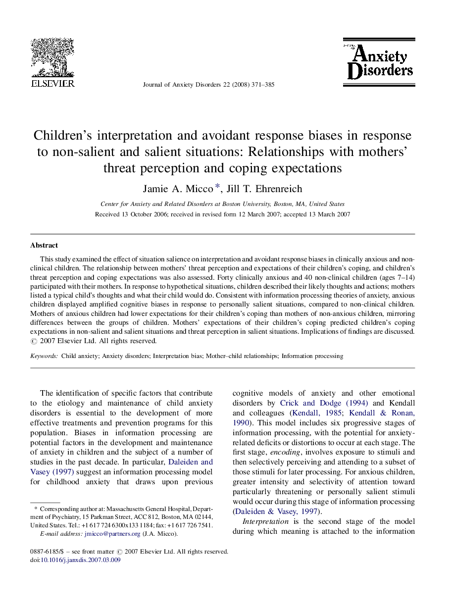 Children's interpretation and avoidant response biases in response to non-salient and salient situations: Relationships with mothers’ threat perception and coping expectations