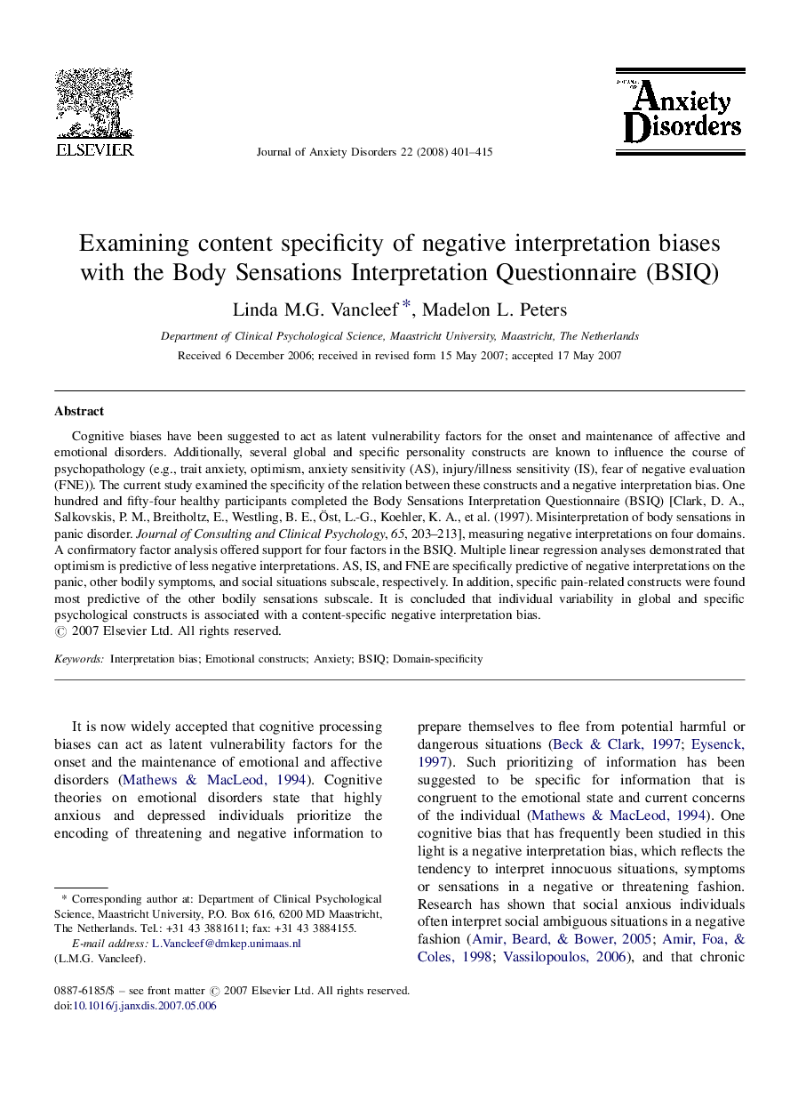 Examining content specificity of negative interpretation biases with the Body Sensations Interpretation Questionnaire (BSIQ)