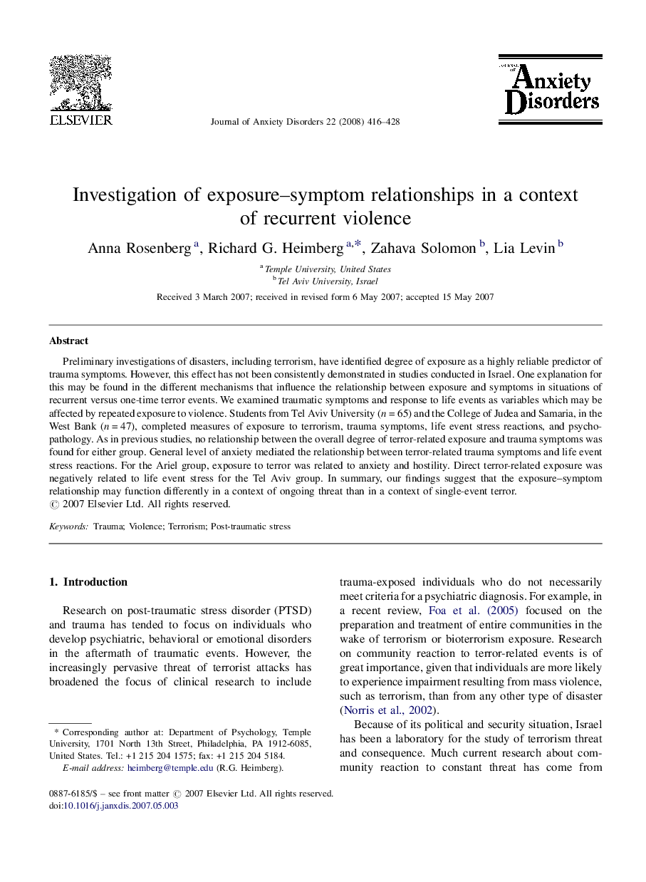 Investigation of exposure–symptom relationships in a context of recurrent violence