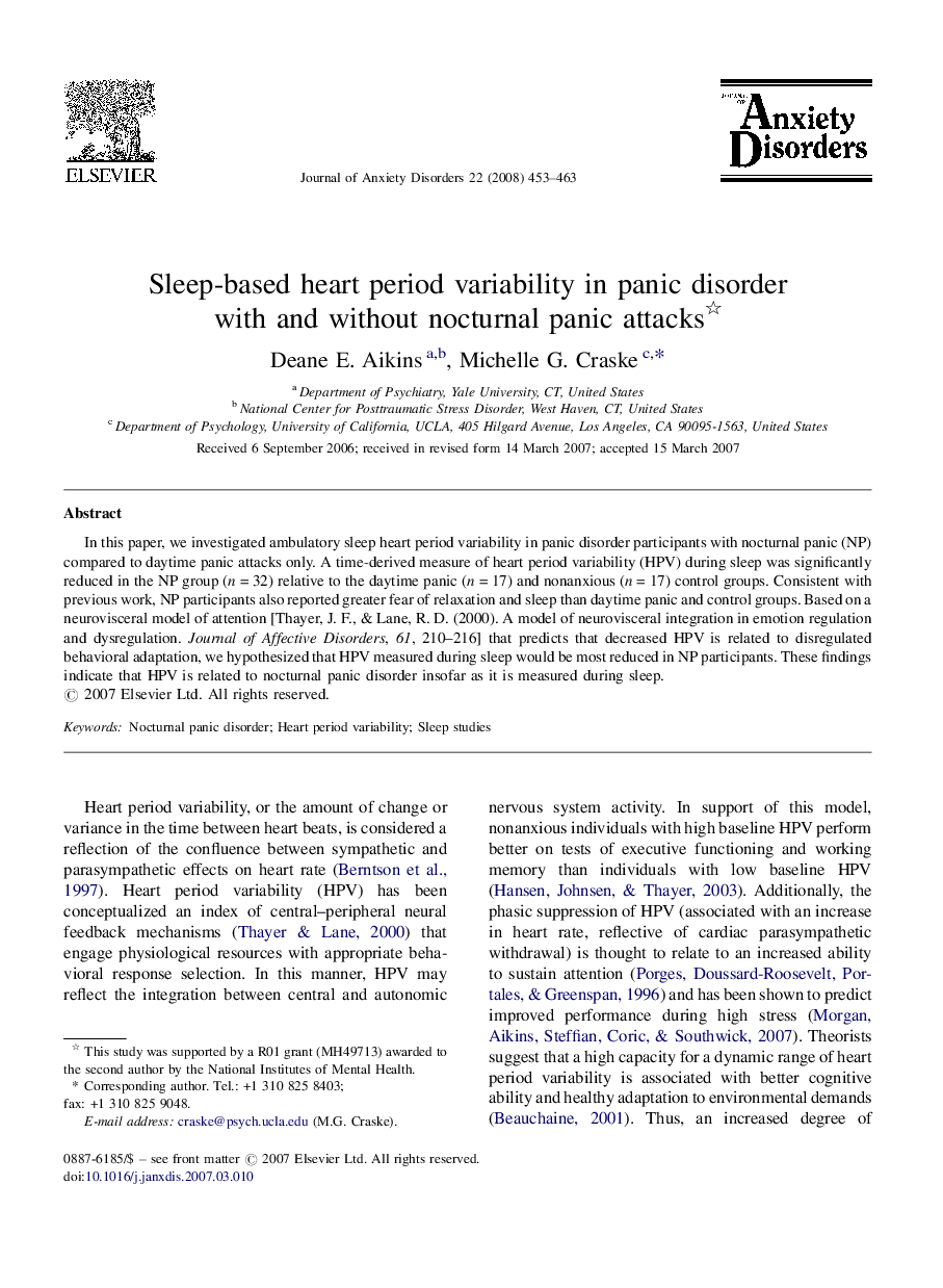 Sleep-based heart period variability in panic disorder with and without nocturnal panic attacks 