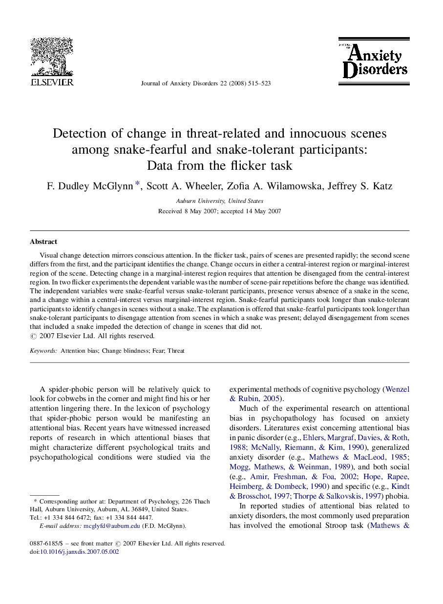 Detection of change in threat-related and innocuous scenes among snake-fearful and snake-tolerant participants: Data from the flicker task