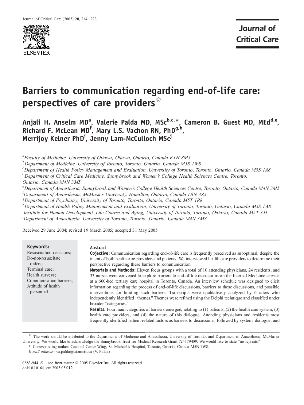 Barriers to communication regarding end-of-life care: perspectives of care providers