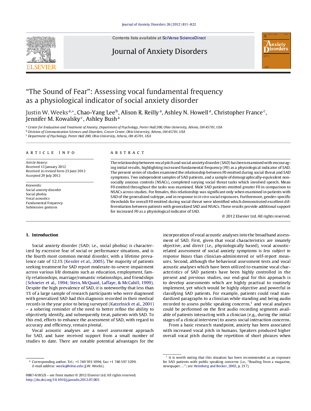 “The Sound of Fear”: Assessing vocal fundamental frequency as a physiological indicator of social anxiety disorder