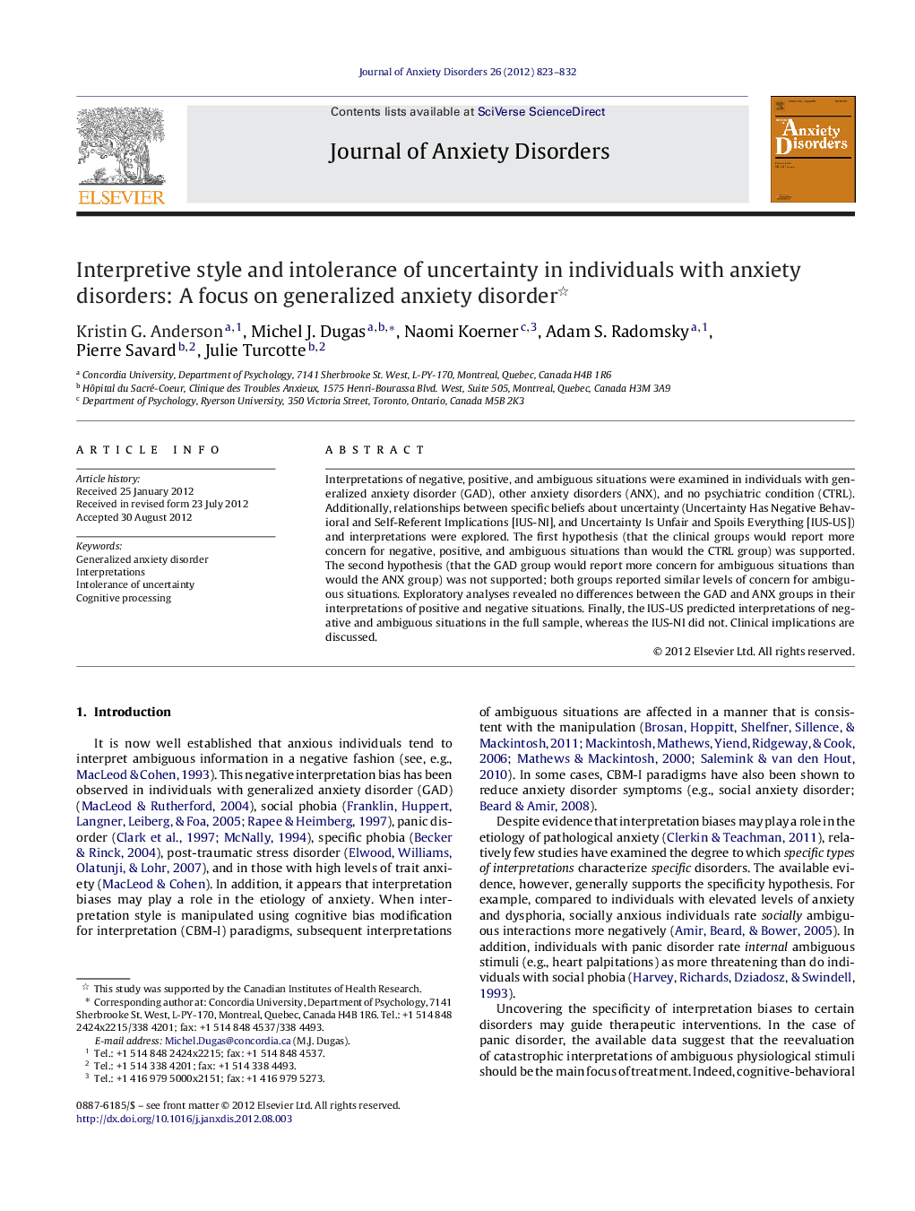 Interpretive style and intolerance of uncertainty in individuals with anxiety disorders: A focus on generalized anxiety disorder 