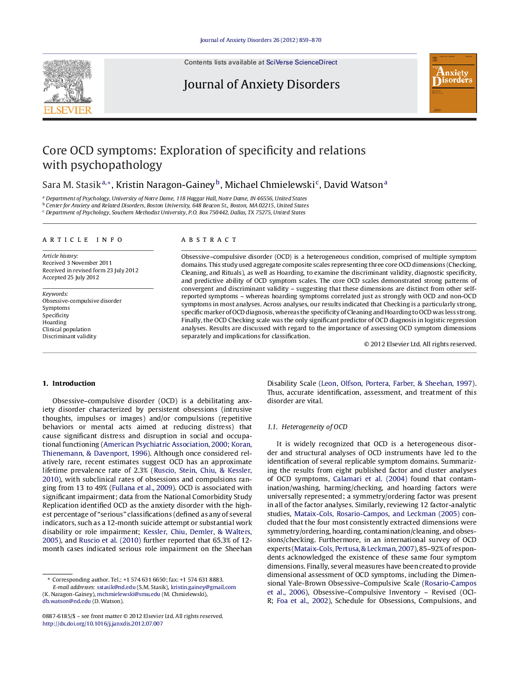 Core OCD symptoms: Exploration of specificity and relations with psychopathology