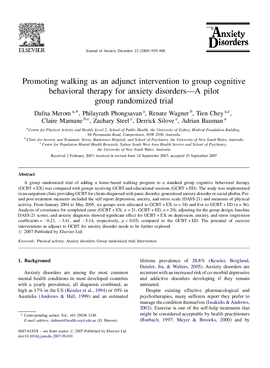 Promoting walking as an adjunct intervention to group cognitive behavioral therapy for anxiety disorders—A pilot group randomized trial