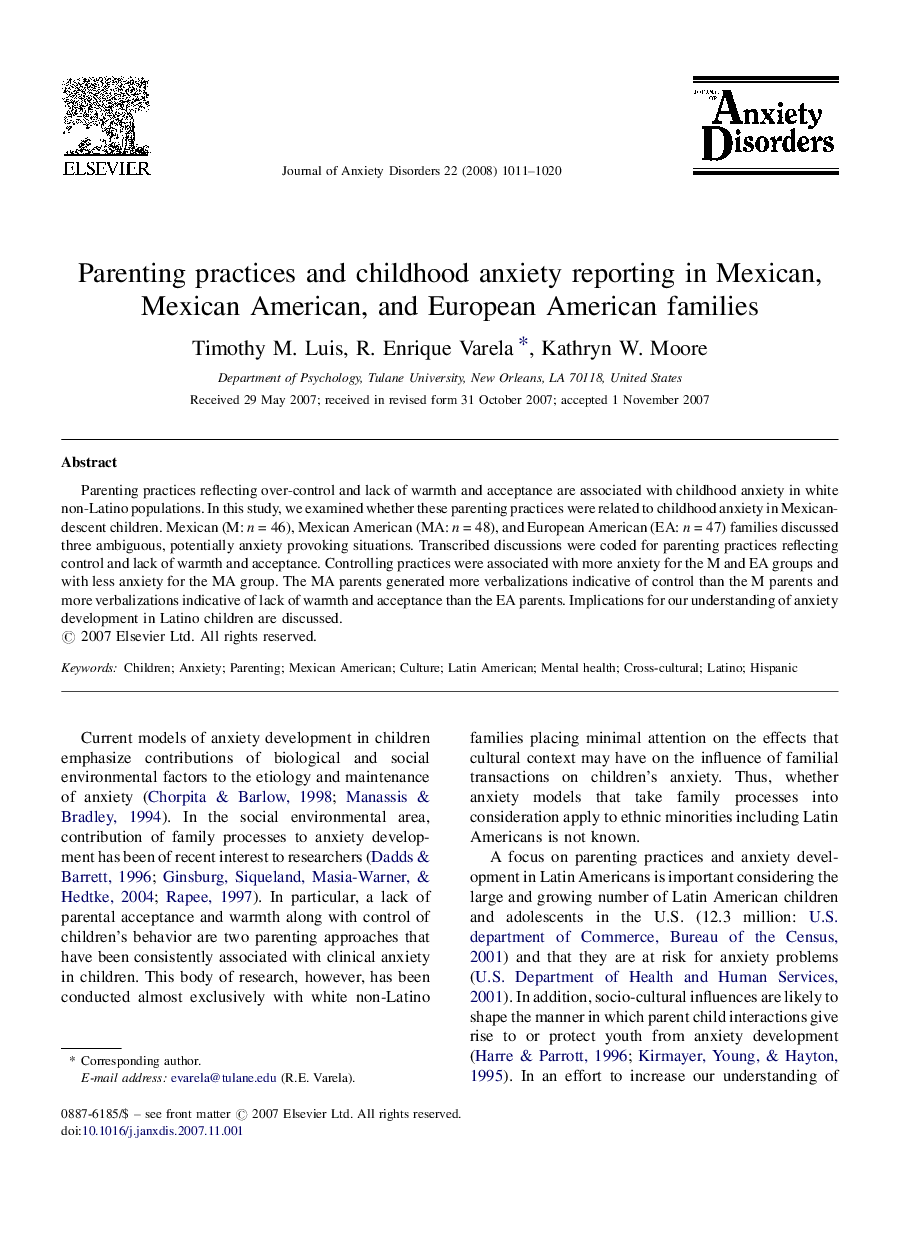 Parenting practices and childhood anxiety reporting in Mexican, Mexican American, and European American families