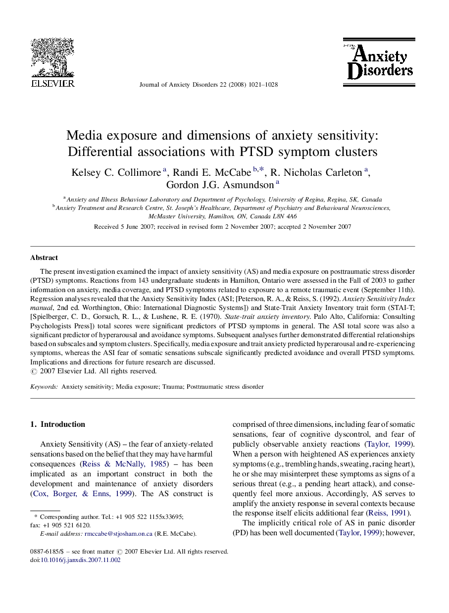 Media exposure and dimensions of anxiety sensitivity: Differential associations with PTSD symptom clusters