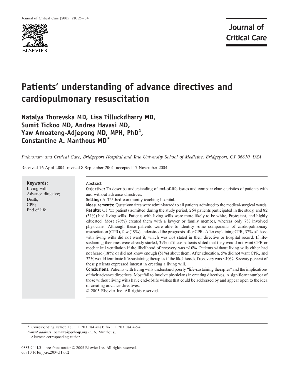 Patients' understanding of advance directives and cardiopulmonary resuscitation