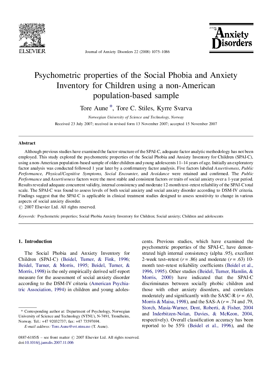 Psychometric properties of the Social Phobia and Anxiety Inventory for Children using a non-American population-based sample