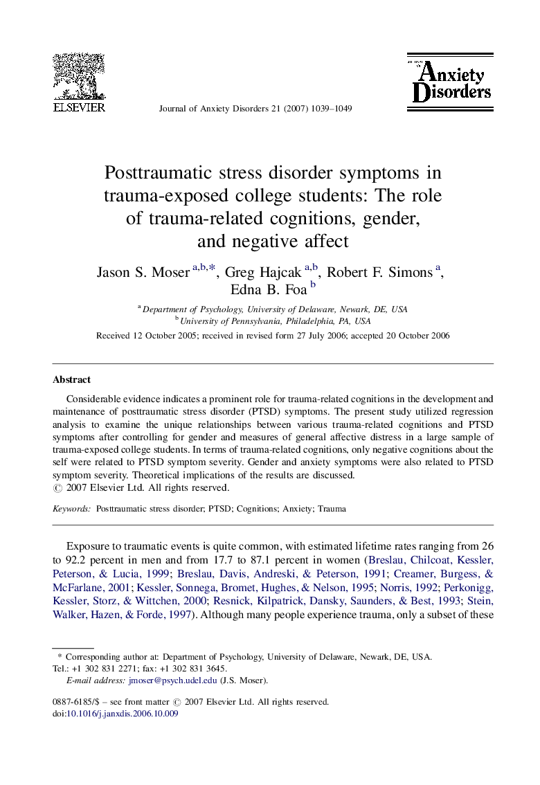 Posttraumatic stress disorder symptoms in trauma-exposed college students: The role of trauma-related cognitions, gender, and negative affect