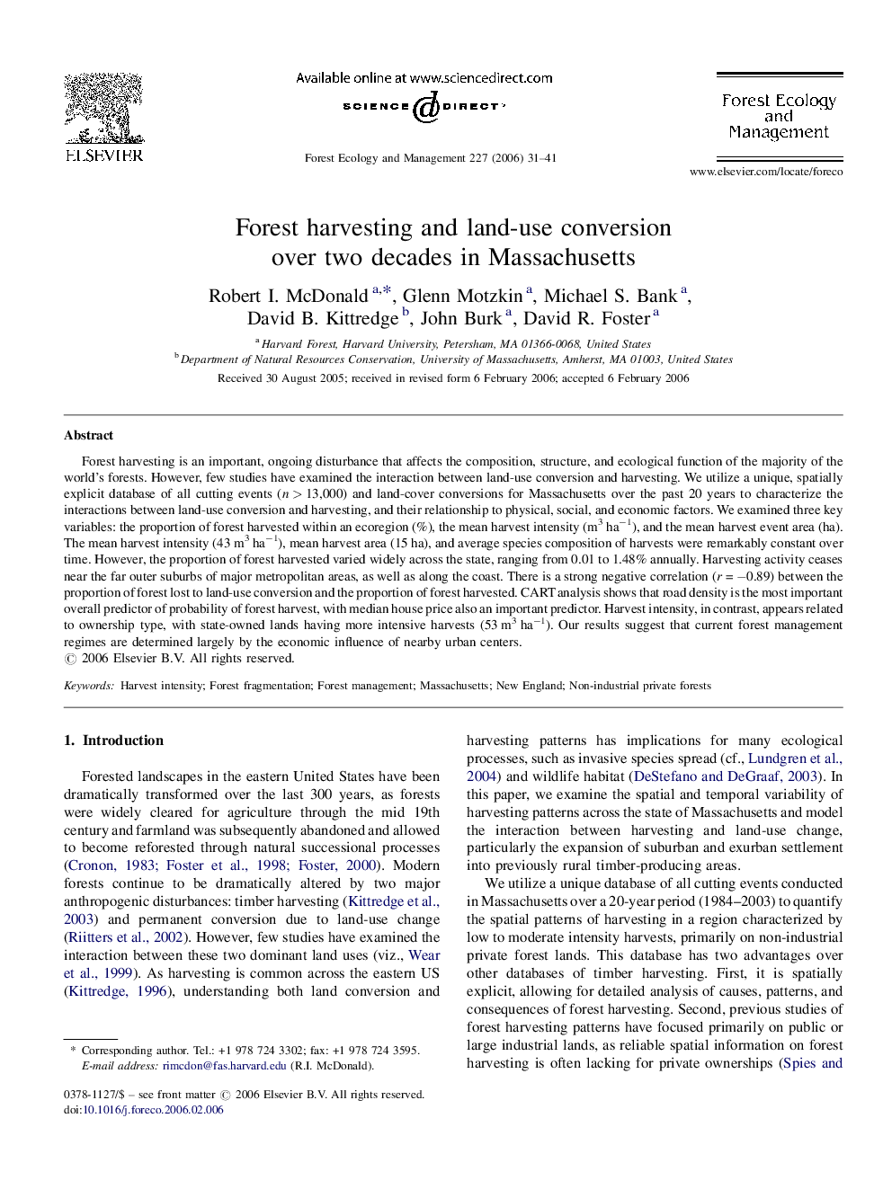 Forest harvesting and land-use conversion over two decades in Massachusetts