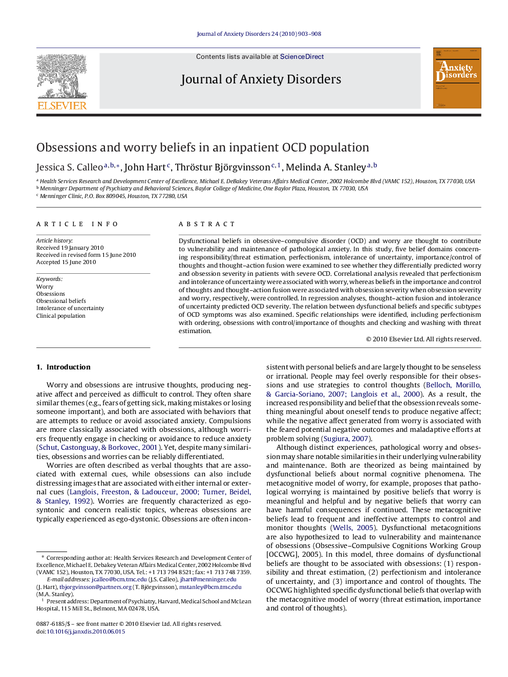 Obsessions and worry beliefs in an inpatient OCD population