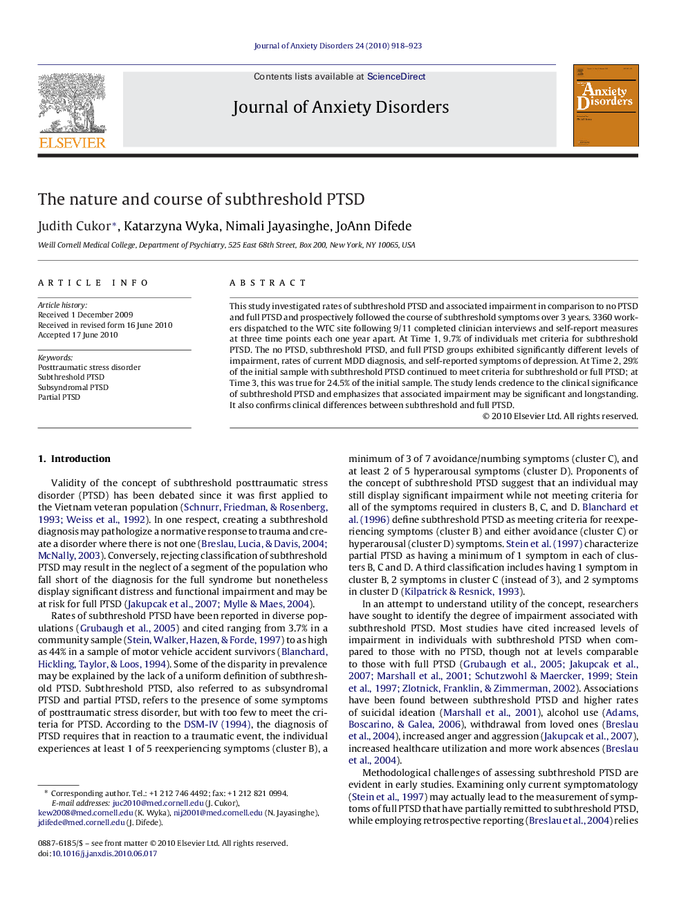 The nature and course of subthreshold PTSD