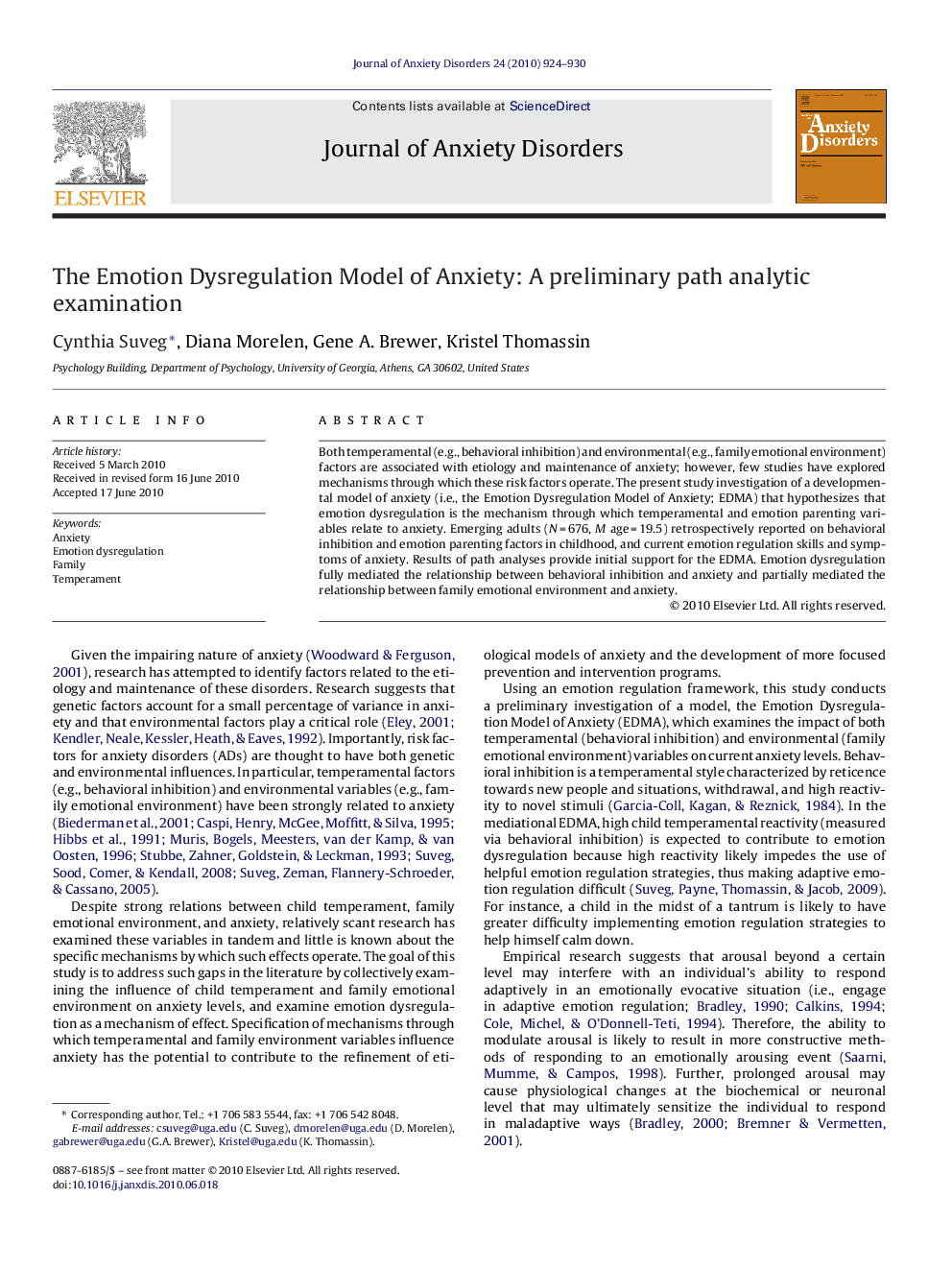 The Emotion Dysregulation Model of Anxiety: A preliminary path analytic examination