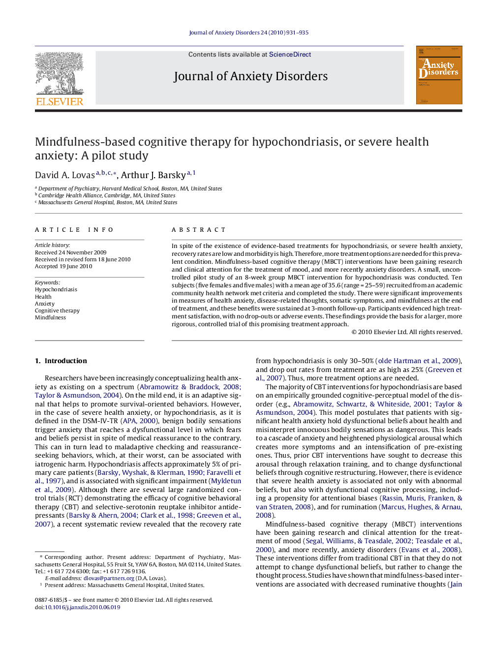 Mindfulness-based cognitive therapy for hypochondriasis, or severe health anxiety: A pilot study