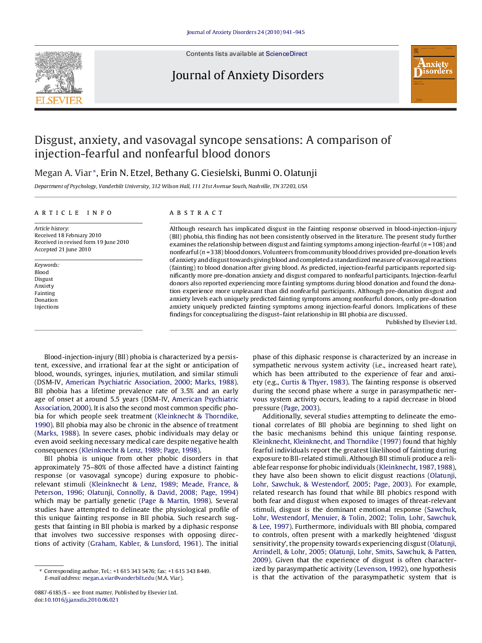 Disgust, anxiety, and vasovagal syncope sensations: A comparison of injection-fearful and nonfearful blood donors